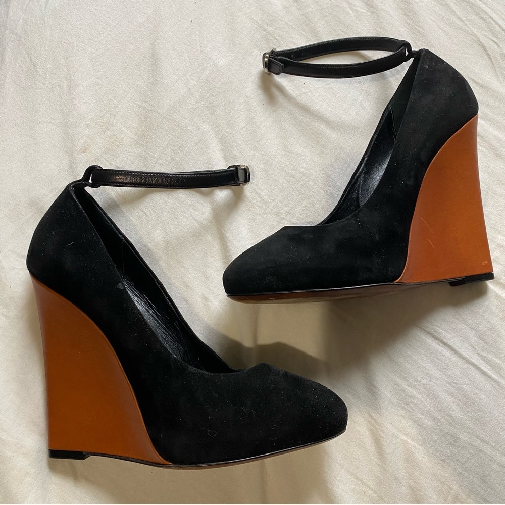 Authentic Celine Black Suede Brown Leather Ankle Strap Wedge Heel Pumps 38 Worn